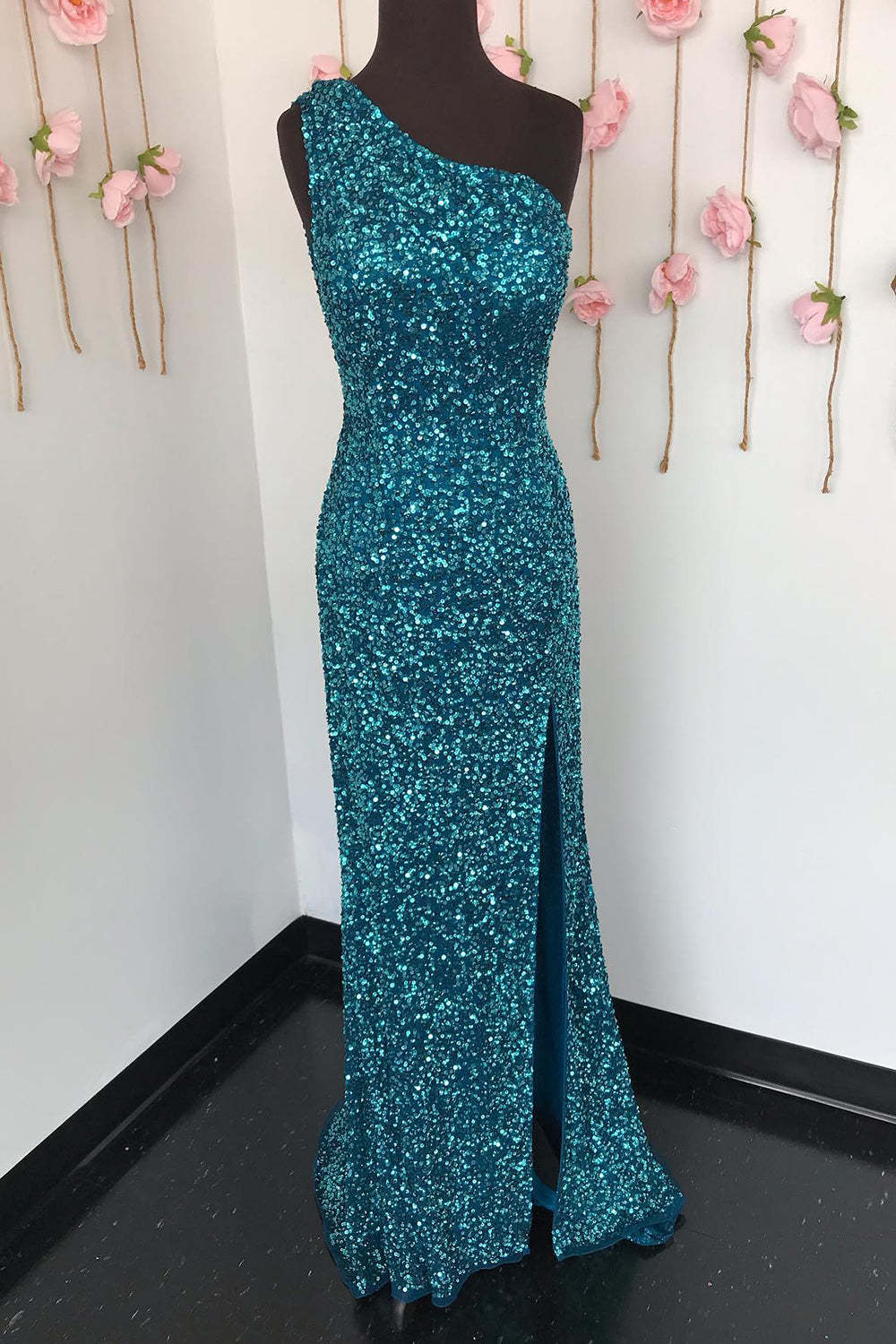 White Sequined Long Prom Gown with One Shoulder and Front Slit