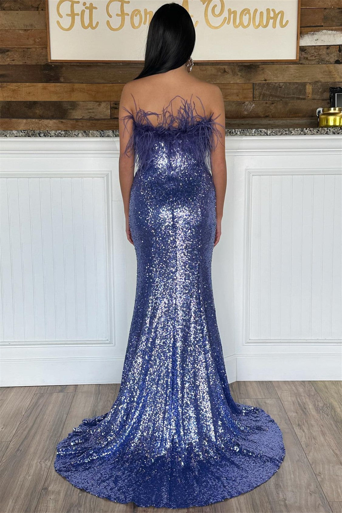 Fashionable Strapless Sequins Slit Mermaid Evening Dress With Feather
