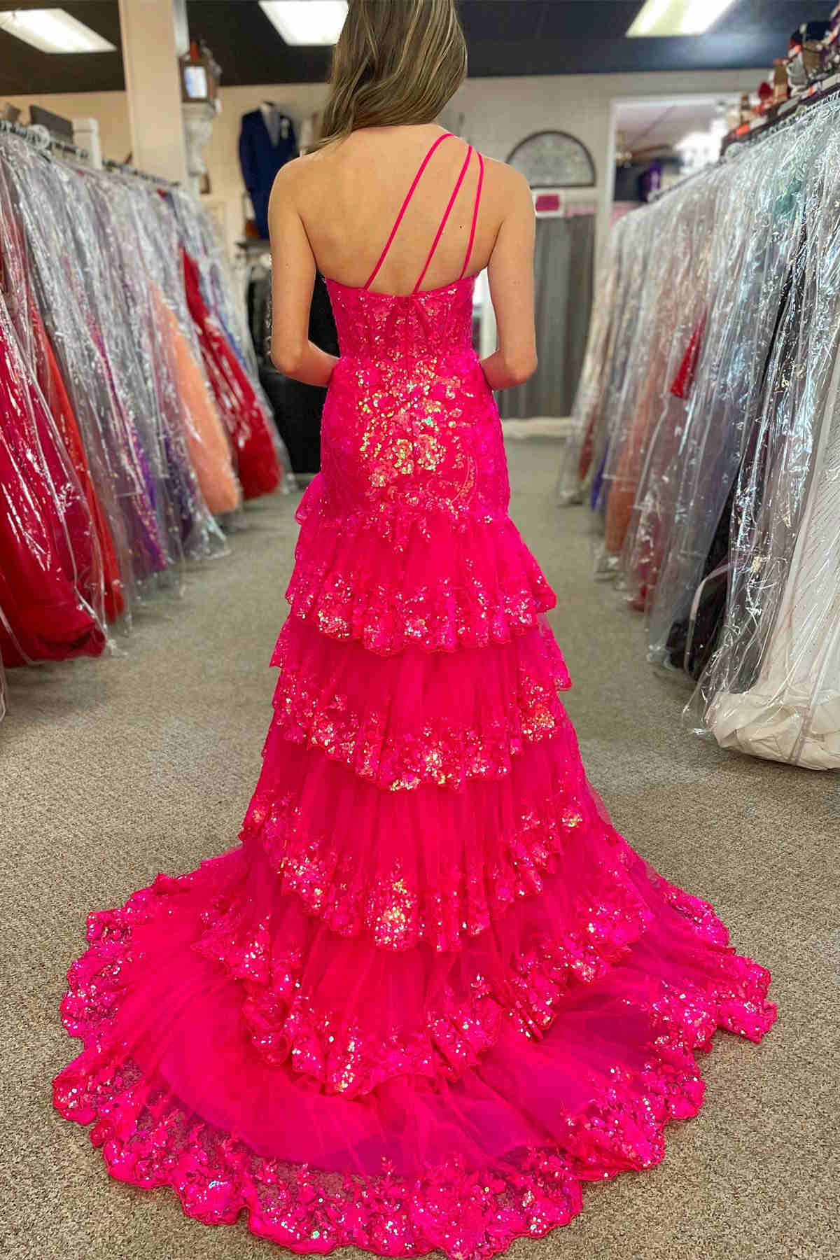 Navy Lace Corset Prom Dress with Sparkly Ruffles and One Shoulder A-Line