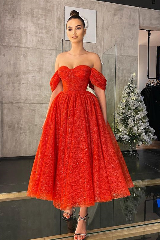 Off-The-Shoulder Sequins Prom Dress Red