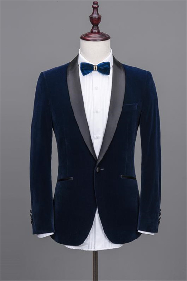 Elegant Navy Blue Shawl Lapel Velvet Two-Piece Prom Best Man Tuxedos