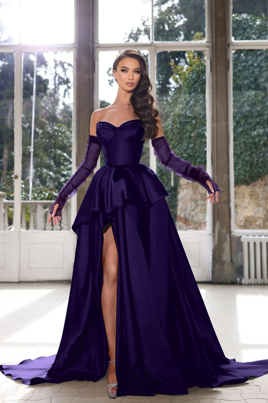 Glamorous Half Sleeves Ink Blue Formal Dress Strapless With High Split Gown