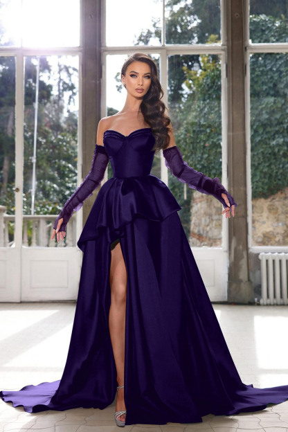 Glamorous Half Sleeves Ink Blue Formal Dress Strapless With High Split Gown