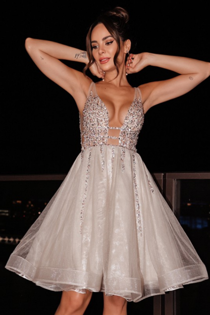 Transparent Straps Sequins Deep Collar Knee-Length Mesh Short cocktail Dress