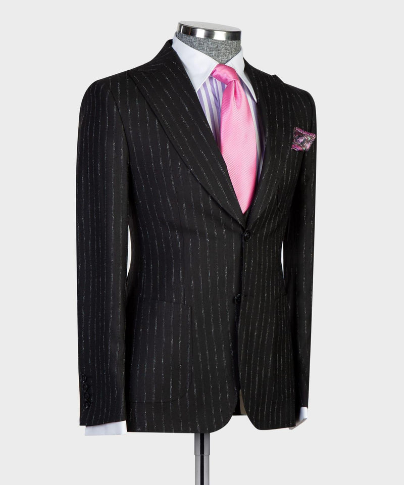 Modern Slim Fit Black Stripe Peaked Lapel Three-Piece Men's Suits
