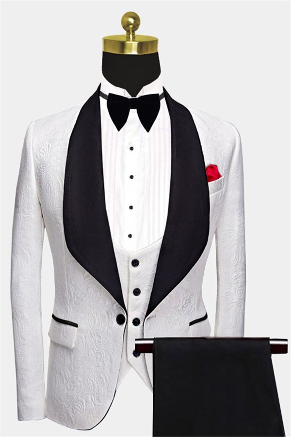 Floral White Men's Suits with Black Lapel Three-Piece Dinner Suits for Men