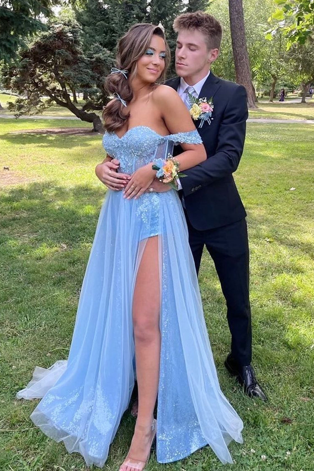 Blue Long Prom Dress with Appliues Off-the-Shoulder A-Line and Split Front