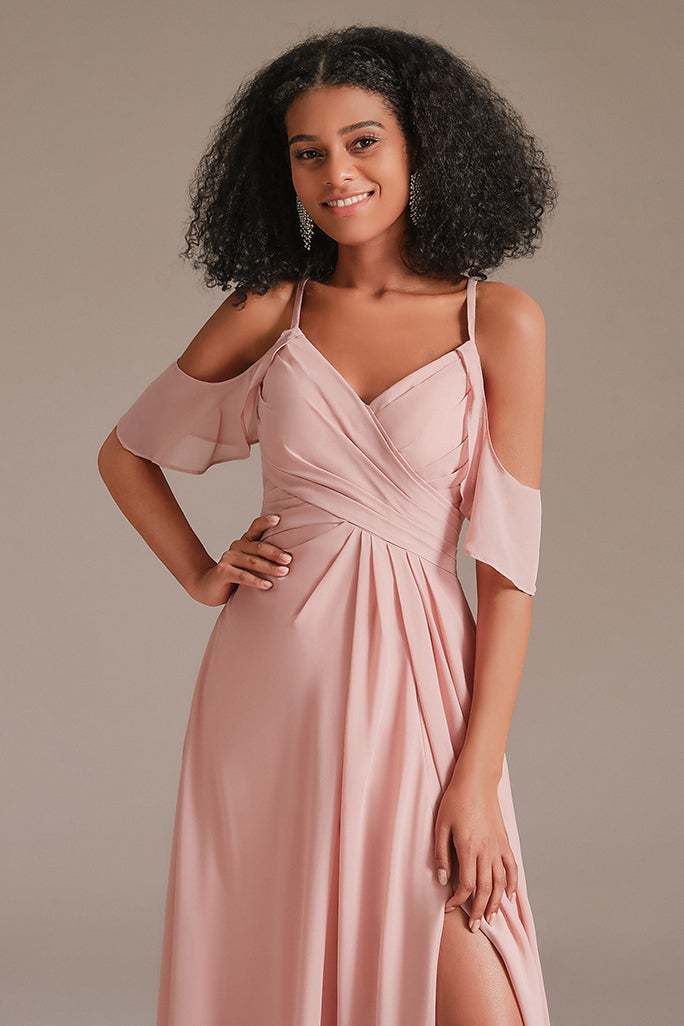 Pink Chiffon Long Bridesmaid Dress Split