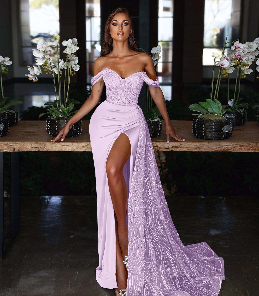 Light Blue Long Slit Mermaid Off-The-Shoulder Evening Dress With Sequins Ruffles