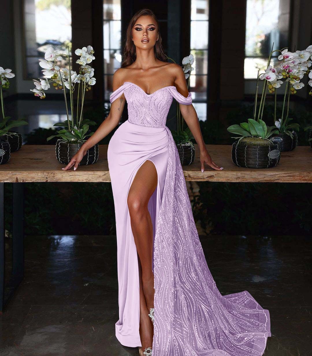 Light Blue Long Slit Mermaid Off-The-Shoulder Evening Dress With Sequins Ruffles