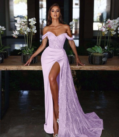 Light Blue Long Slit Mermaid Off-The-Shoulder Evening Dress With Sequins Ruffles