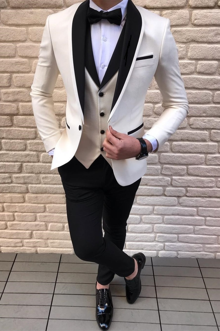 Fancy Black-and-White Shawl Lapel Waistcoat Wedding Suits