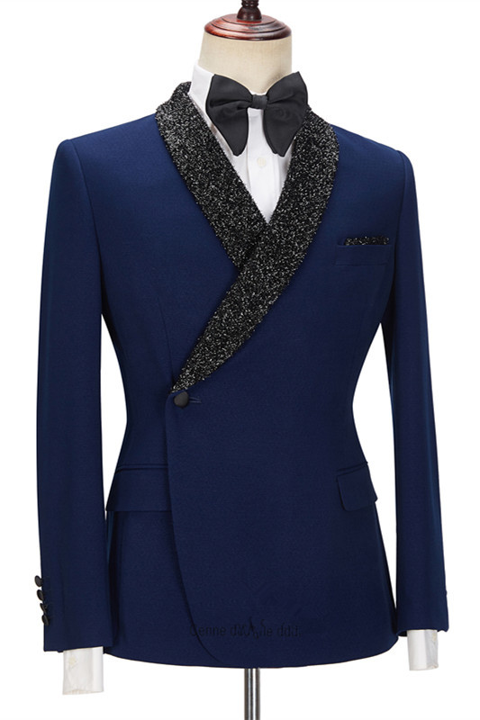 Shining Dark Navy Black Lapel Business Formal Suit for Prom