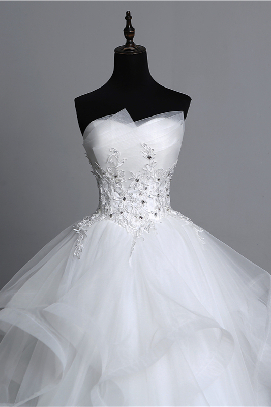 Gorgeous Strapless Tulle Layers Long Ball Gown Wedding Dress with Appliques Beadings