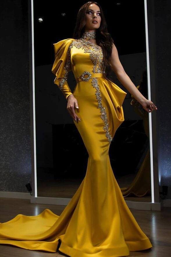Yellow Mermaid One Shoulder Long Sleeve Evening Dress With Beadings Halter