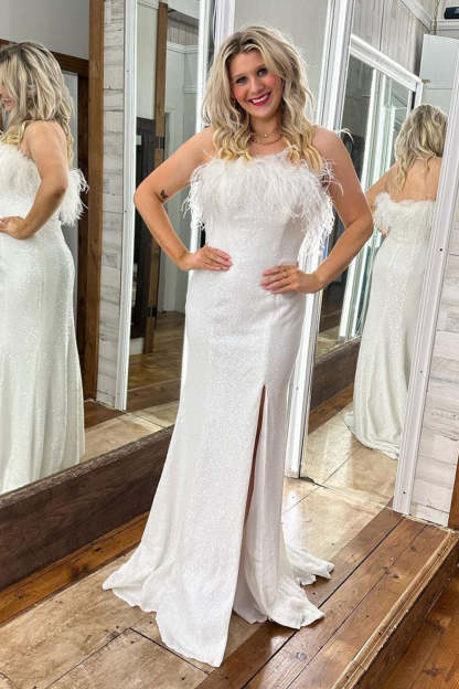 White Plus Size Mermaid Prom Dress with Strapless Sequins and Feathers