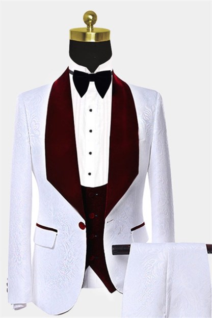 Modern Burgundy Lapel Wedding Tuxedo with White Jacquard