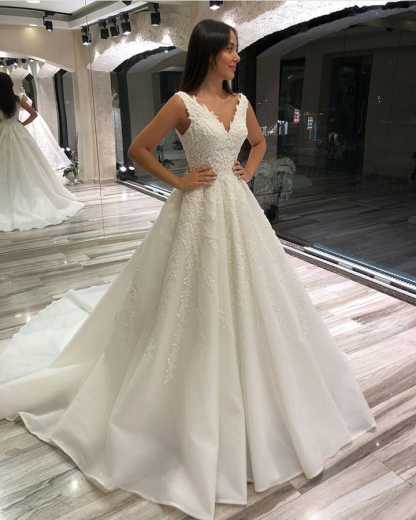 Stunning Sleeveless V-Neck Long A-Line Wedding Dress with Lace