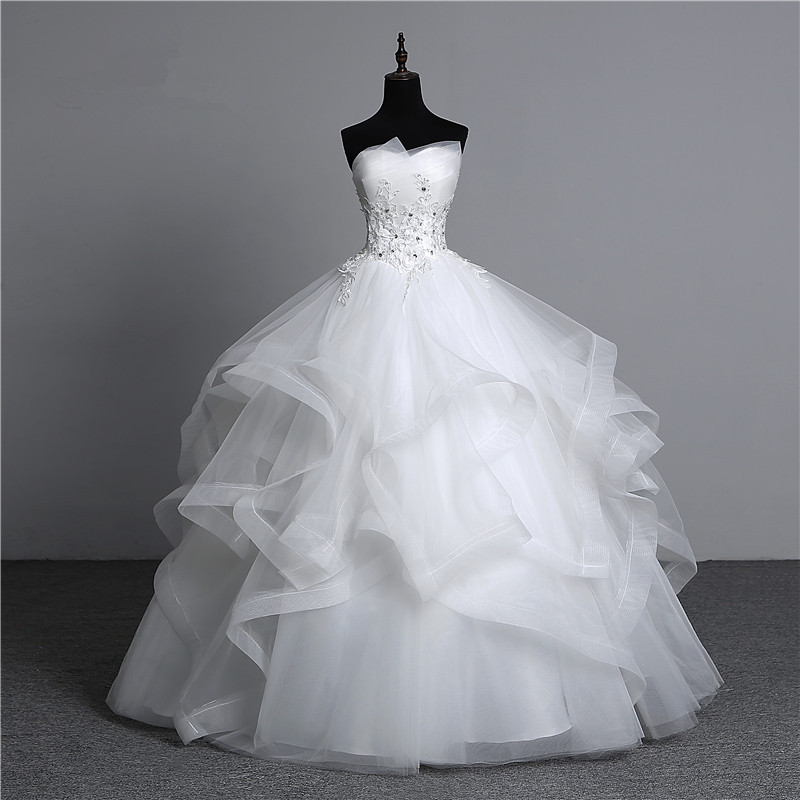 Gorgeous Strapless Tulle Layers Long Ball Gown Wedding Dress with Appliques Beadings