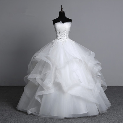 Gorgeous Strapless Tulle Layers Long Ball Gown Wedding Dress with Appliques Beadings