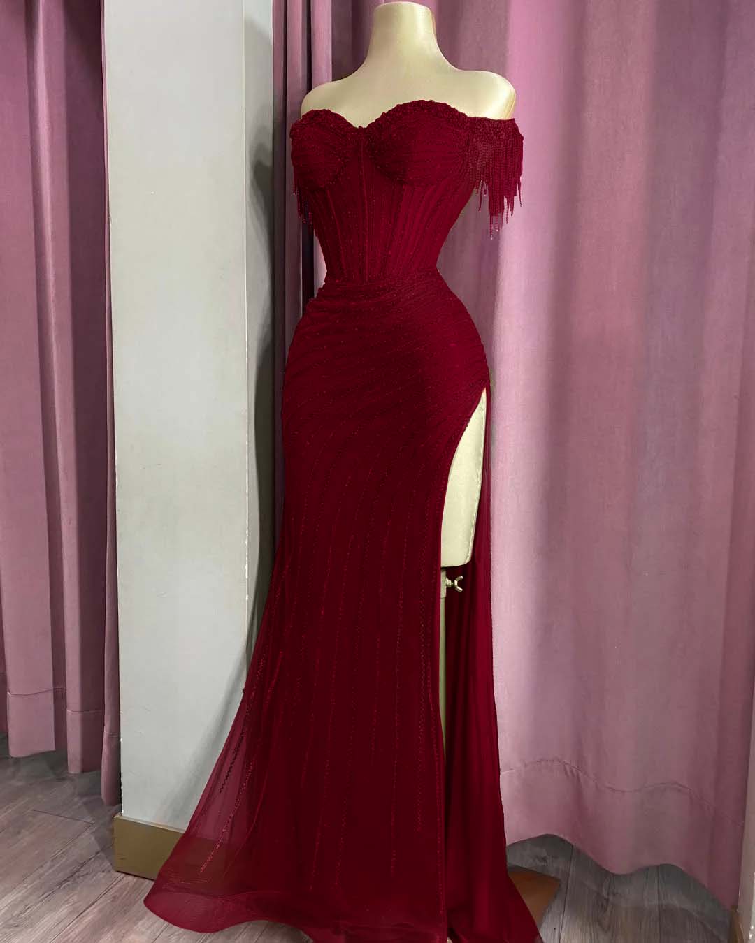Off the Shoulder Sleeveless Long Split Formal Dress With Beading