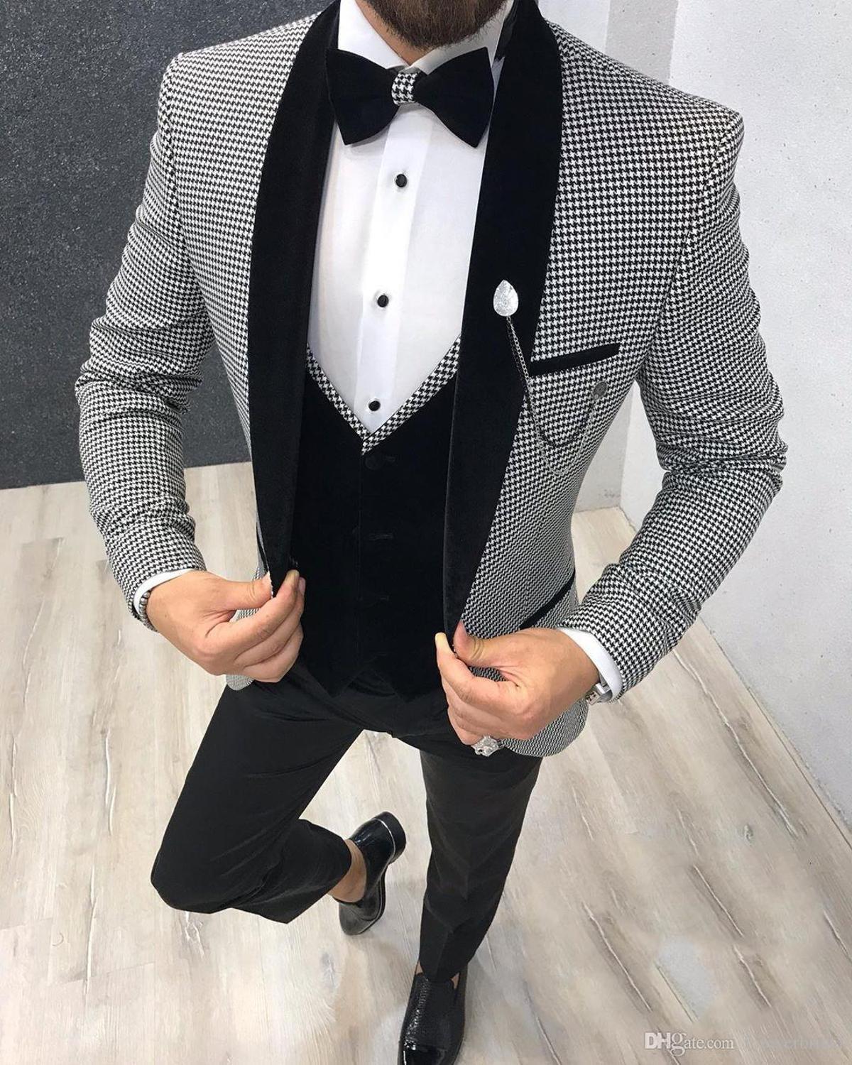 Black Houndstooth Three-Piece Shawl Lapel Men's Suits