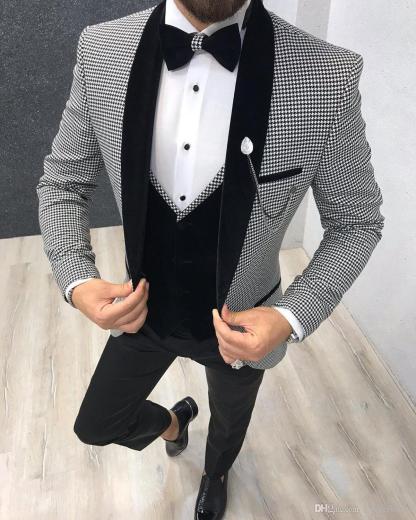 Black Houndstooth Three-Piece Shawl Lapel Men's Suits