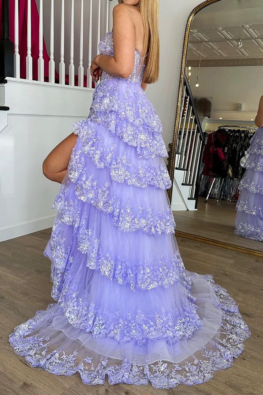 Light Purple Long Prom Dress with One Shoulder and Lace Ruffles in A-Line Princess Style