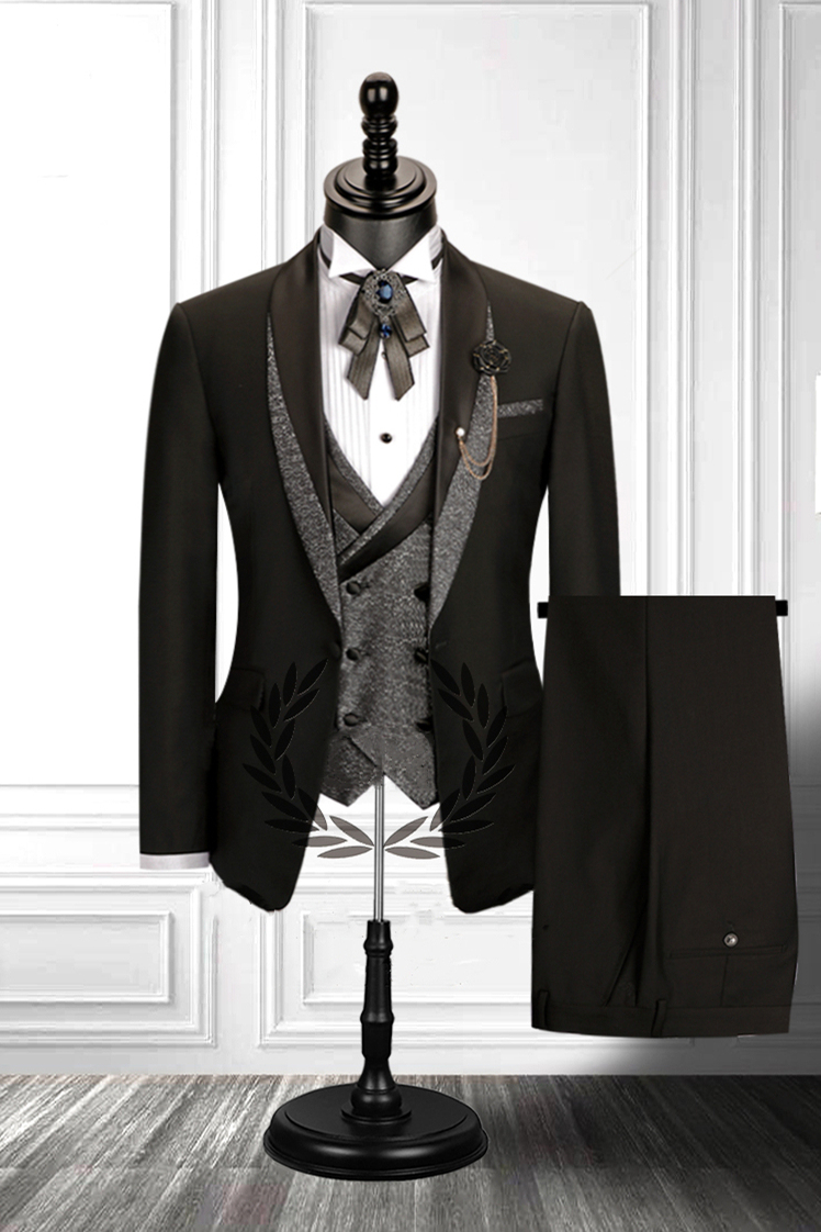 Modern Stitching Double-Breasted Waistcoat Black Three-Piece Men's Suit with Shawl Lapel