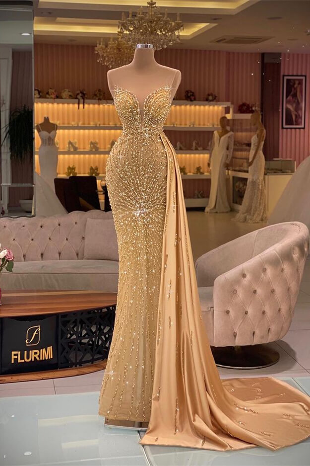 Vintage Gold Sweetheart Mermaid Sleeveless Evening Dress Ruffle With Rhinestone Beadings