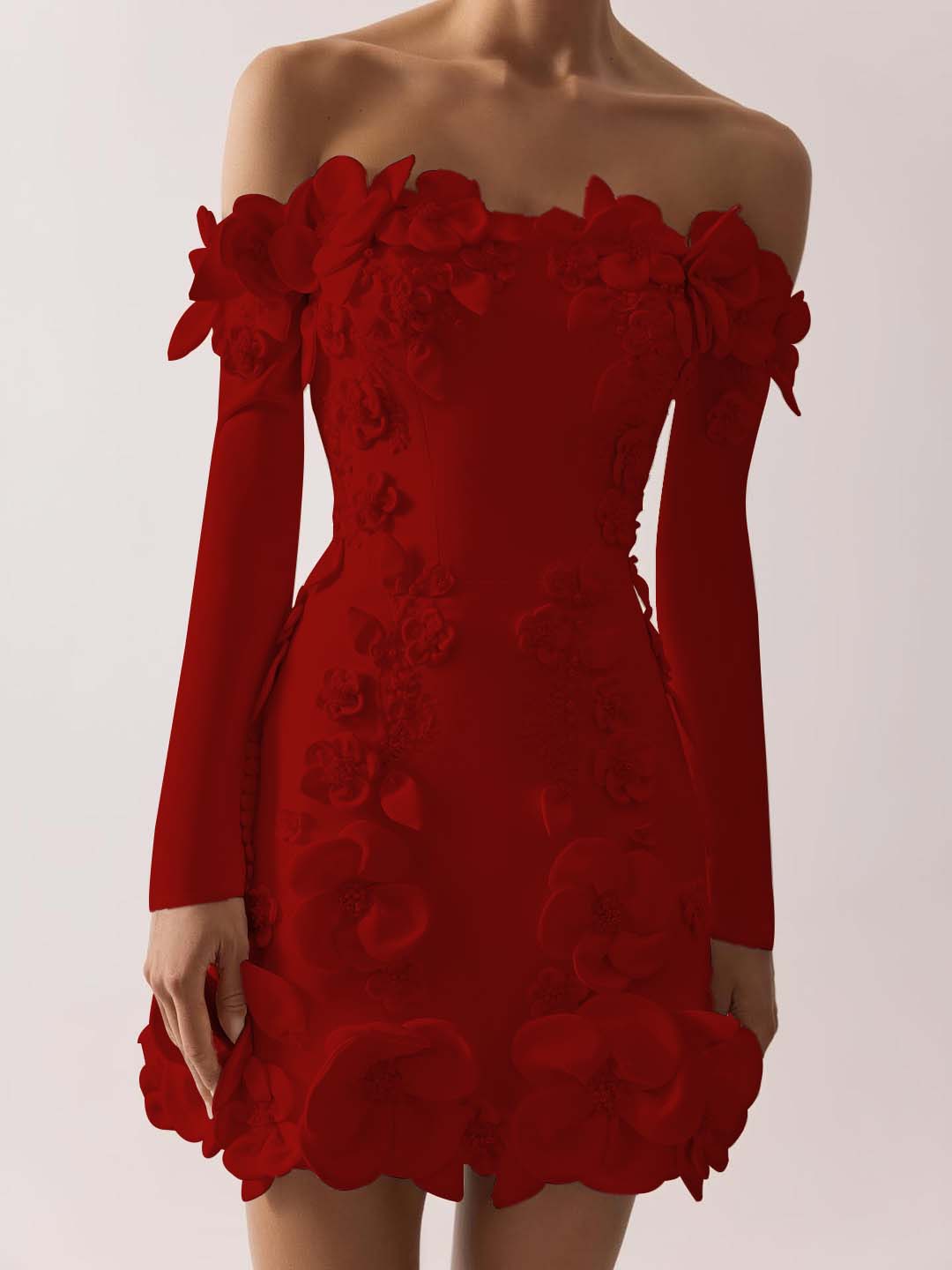 Off the Shoulder Long Sleeves Short Formal Dress With Appliques