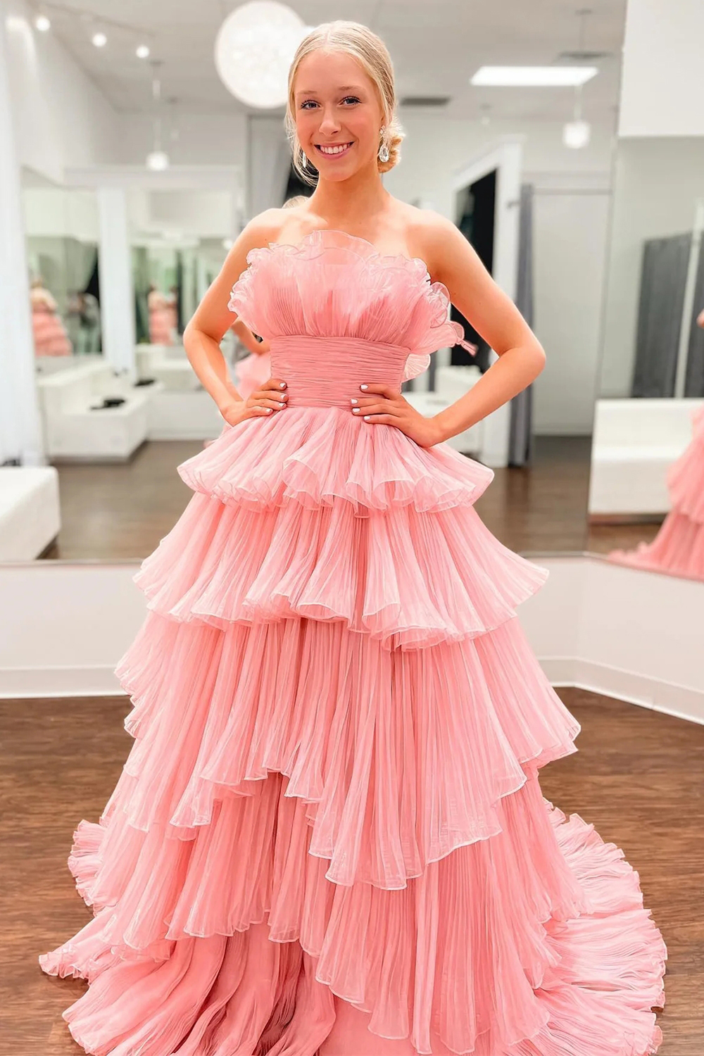 Elegant Blue Strapless A-Line Prom Gown with Ruffled Details