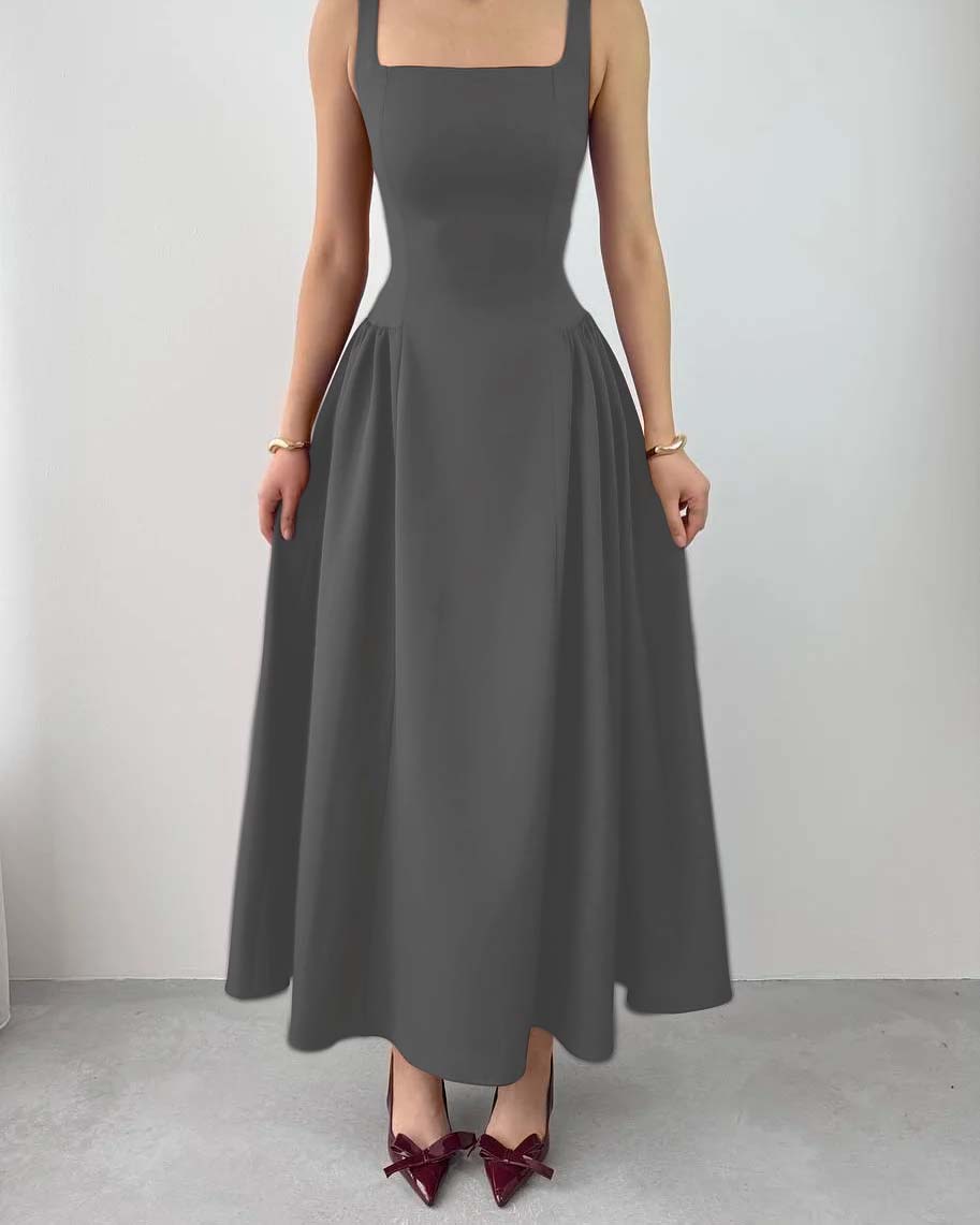 Sleeveless Square Neck Straps Tea Length Formal Dress With Pleated