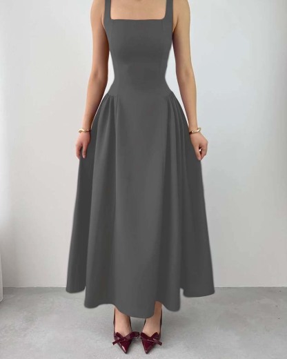 Sleeveless Square Neck Straps Tea Length Formal Dress With Pleated