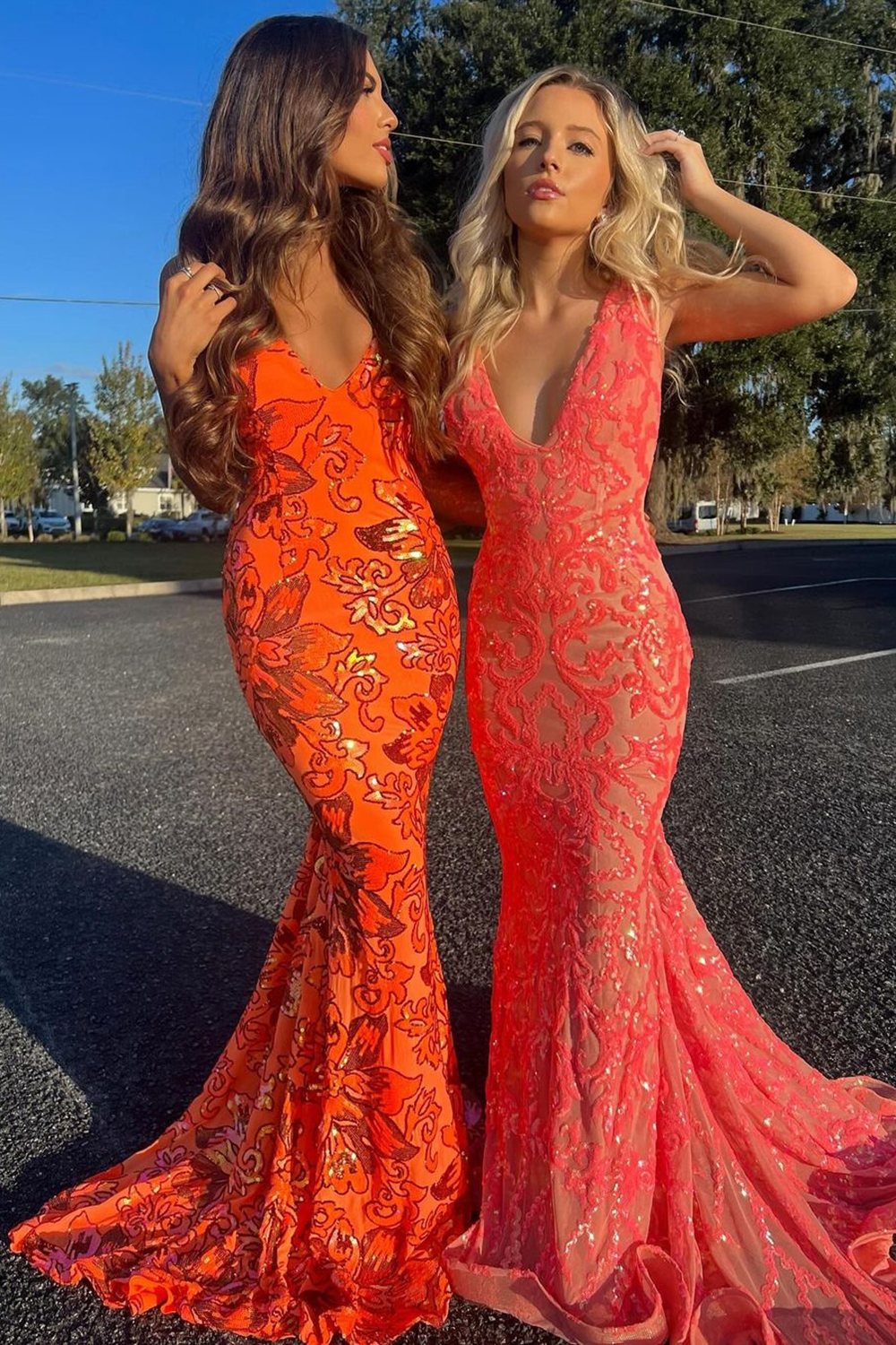 Elegant Orange Mermaid Prom Dress with Deep V Neck and Embroidery