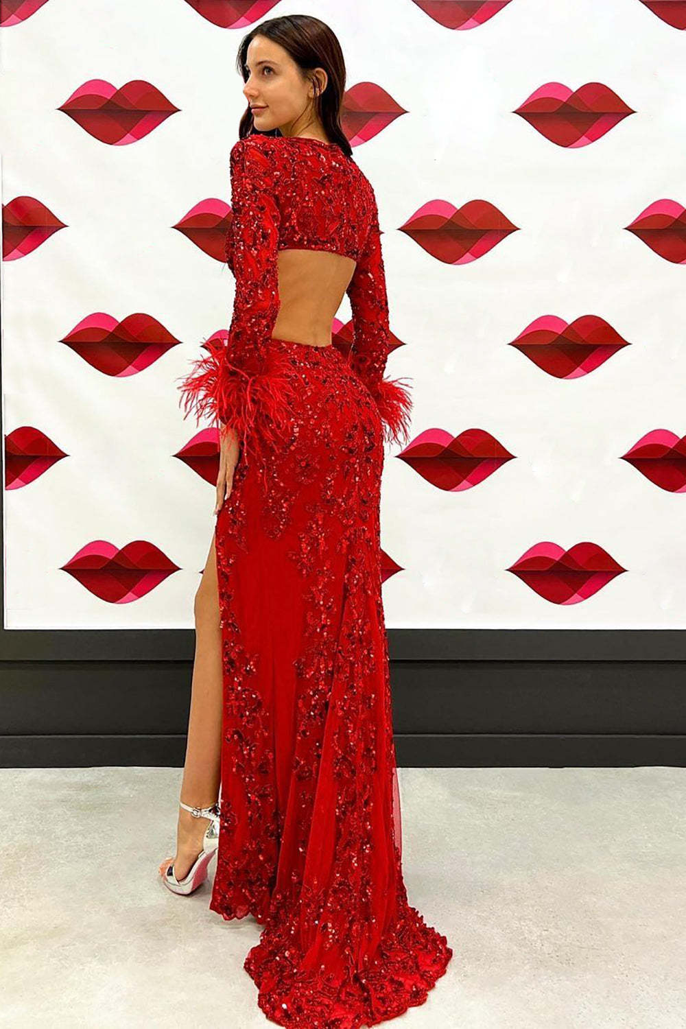 Red Sequined Long Prom Dress with Feather Trim and Deep V-Neck Mermaid Style