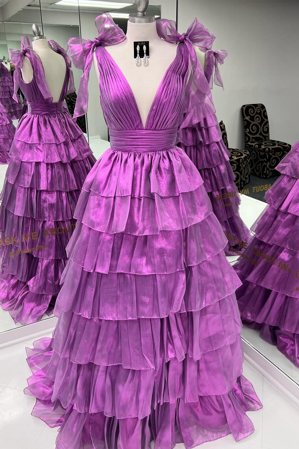 Deep V Neck Fuchsia Princess Prom Dress with Ruffles in A Line