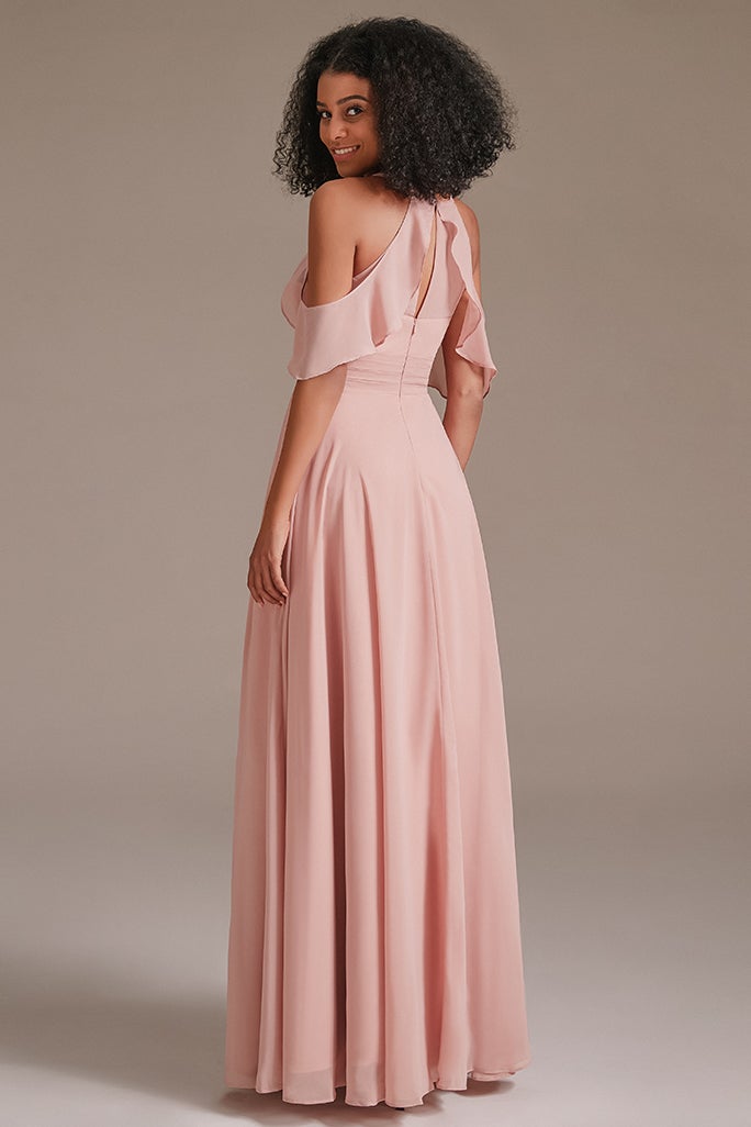 Pink Chiffon Long Bridesmaid Dress Split