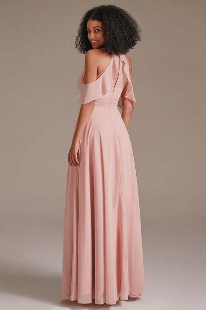 Pink Chiffon Long Bridesmaid Dress Split