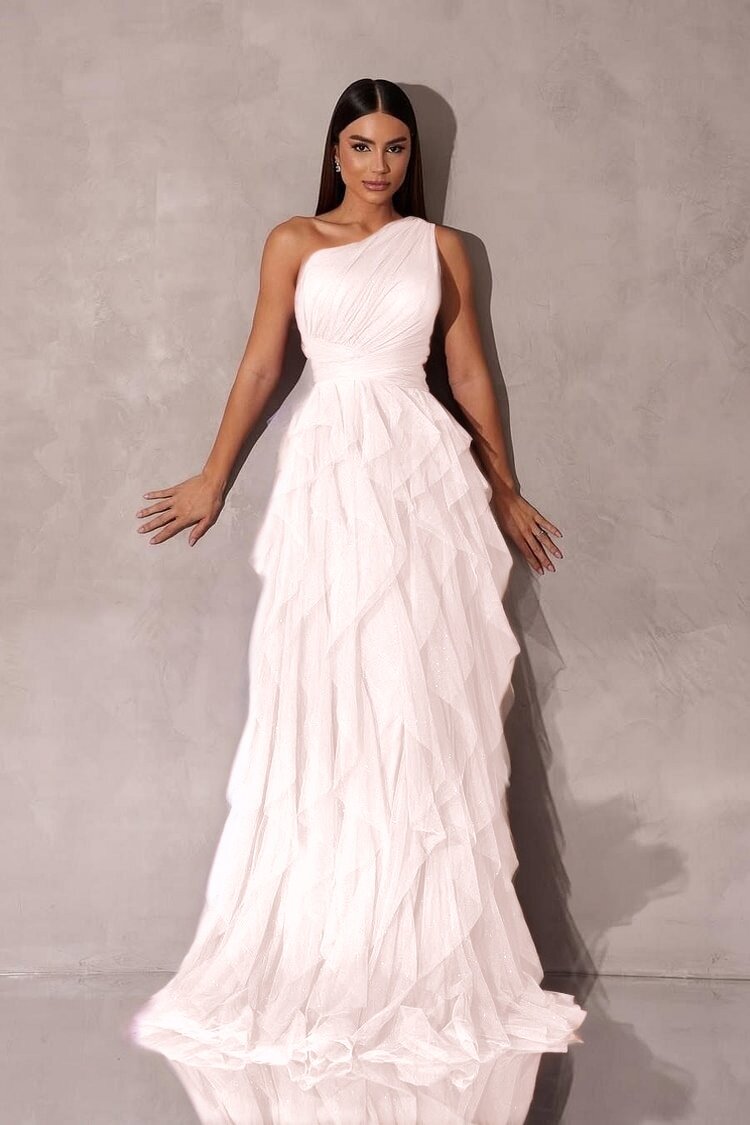 Chic One Shoulder Sleeveless Long Formal Dress With Tulle Ruffle