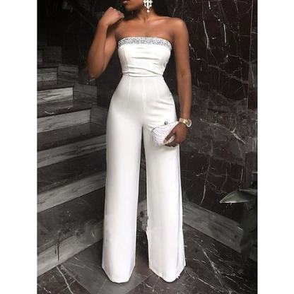 Elegant Strapless White Beaded Wide-Leg Women's Party Jump Suit