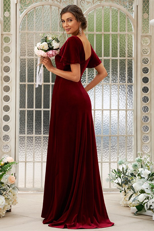 Velvet Short Sleeves Long Bridesmaid Dress