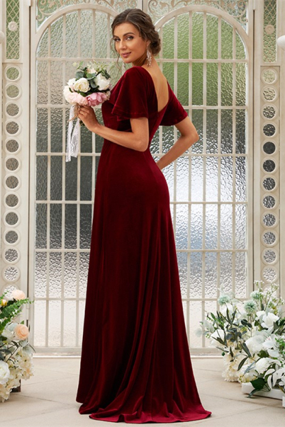 Velvet Short Sleeves Long Bridesmaid Dress