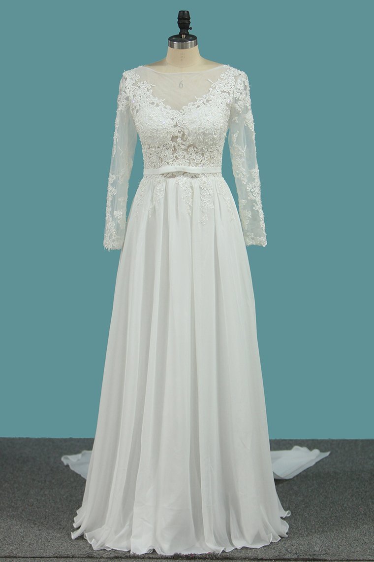 Elegant A-Line Chiffon Floor-Length Bateau Long Sleeves Wedding Dress with Ruffles