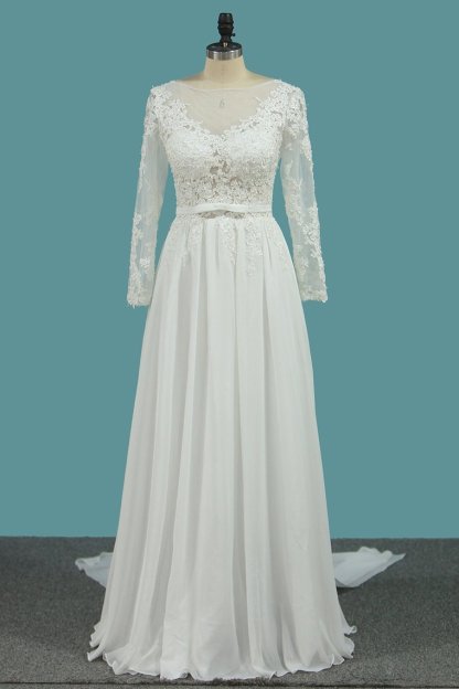 Elegant A-Line Chiffon Floor-Length Bateau Long Sleeves Wedding Dress with Ruffles
