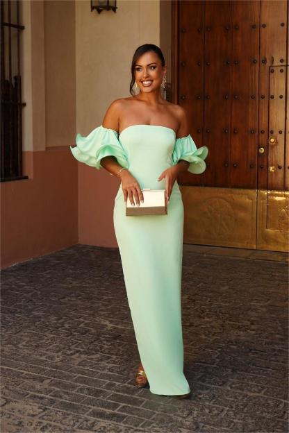 Strapless Bubble Sleeves Mermaid Long Formal Dress With Pleated