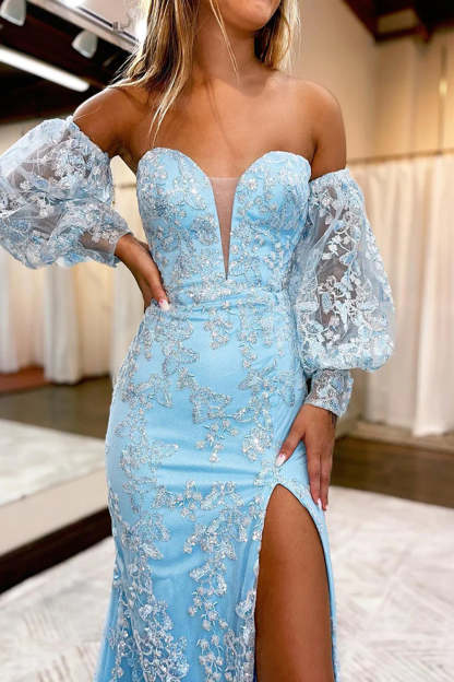Long Sweetheart Prom Dress with Blue Detachable Lace Sleeves and Slit