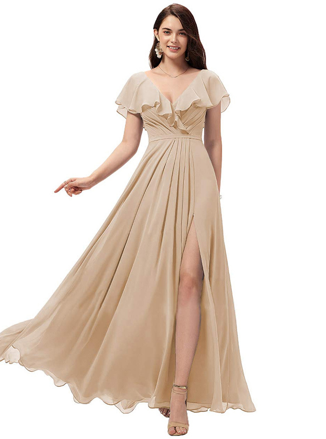 Chiffon Ruffles Bridesmaid Dress with Split