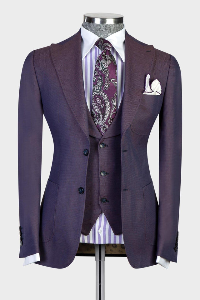 Modern Dark Purple Peaked Lapel Three-Piece Men's Suits for Business