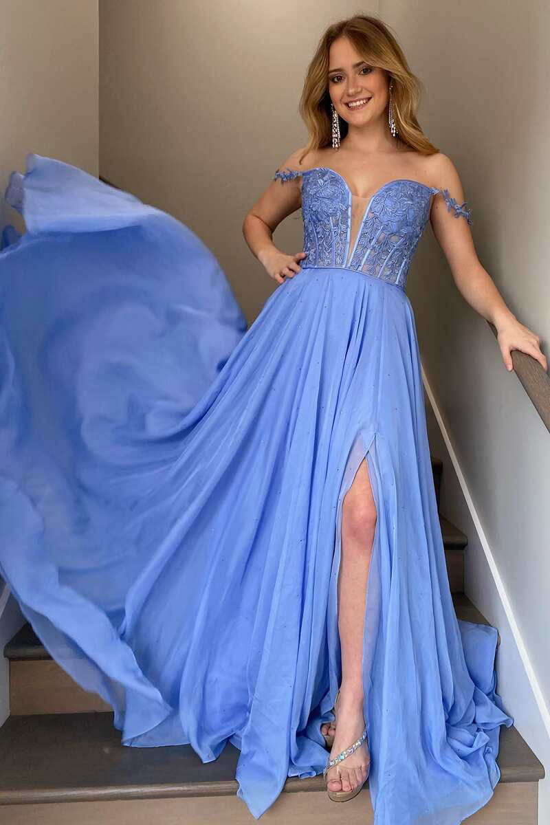 Blue Sweetheart Off-The-Shoulder Split Tulle Evening Dress With Appliques